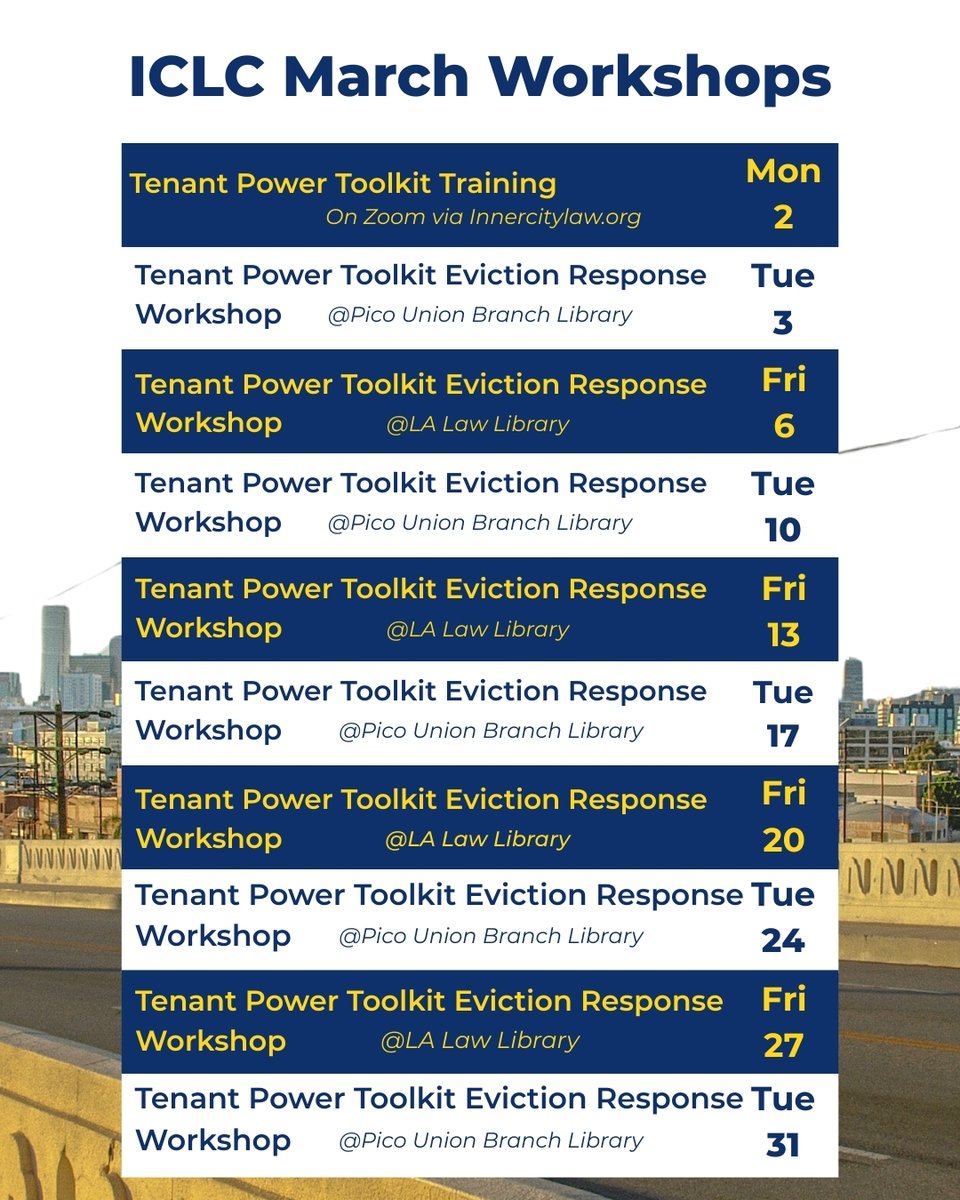 InnerCityLaw's tweet image. 📣 Coming up @ Inner City Law Center in March 📣

FREE Workshops &amp;amp; Clinics for renters, veterans, lawyers, people facing eviction, and so much more! For more info, go to innercitylaw.org #legalaid #legalhelp #wildfire