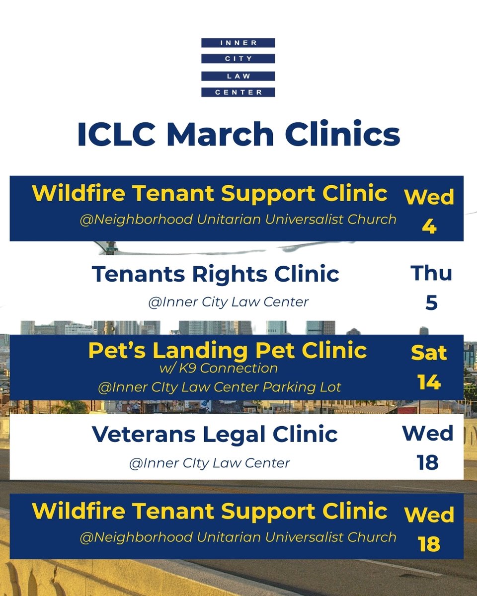 InnerCityLaw's tweet image. 📣 Coming up @ Inner City Law Center in March 📣

FREE Workshops &amp;amp; Clinics for renters, veterans, lawyers, people facing eviction, and so much more! For more info, go to innercitylaw.org #legalaid #legalhelp #wildfire