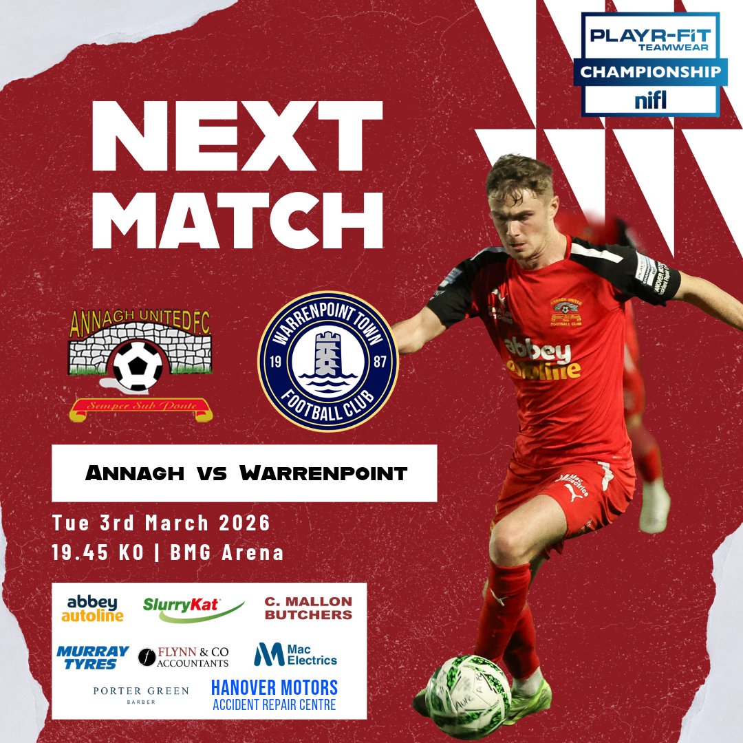 💡 𝗧𝗨𝗘𝗦𝗗𝗔𝗬 𝗡𝗜𝗚𝗛𝗧 𝗟𝗜𝗚𝗛𝗧𝗦 💡

We host The Point in another rescheduled midweek fixture for Game 3️⃣0️⃣ of the #PlayrFitChamp 

🏆 NIFL Championship
⚽ <a href="/thepointfc/">Warrenpoint Town FC</a>
📅 03/03/25
🏟️ BMG Arena
⏰ 19.45 KO
🎟️ £10/£7 conc

🔴⚪⚽
