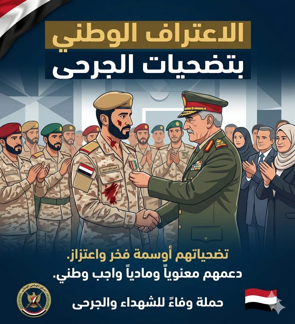 الإعتراف الوطنى بتضحيات الجرحى

تضحياتهم أوسمة فخر و اعتزاز
ودعمهم معنويأ وماديأ واجب وطني

#رواتب_جرحى_الجيش_الوطني
#العدالة_لجرحى_الجيش_الوطني