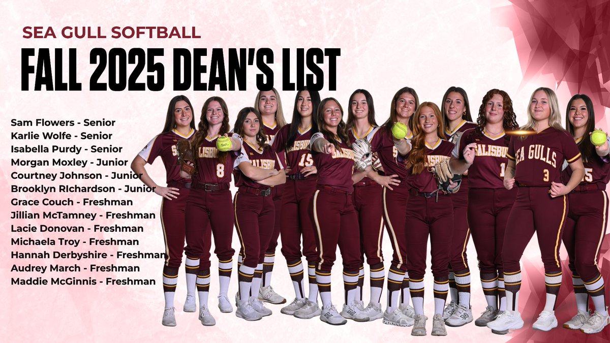 SalisburySB's tweet photo. Too many to count! Congrats to our THIRTEEN Sea Gulls that received Fall 2025 Dean's List honors. We are so proud of you! https://t.co/oD1KJLhEms