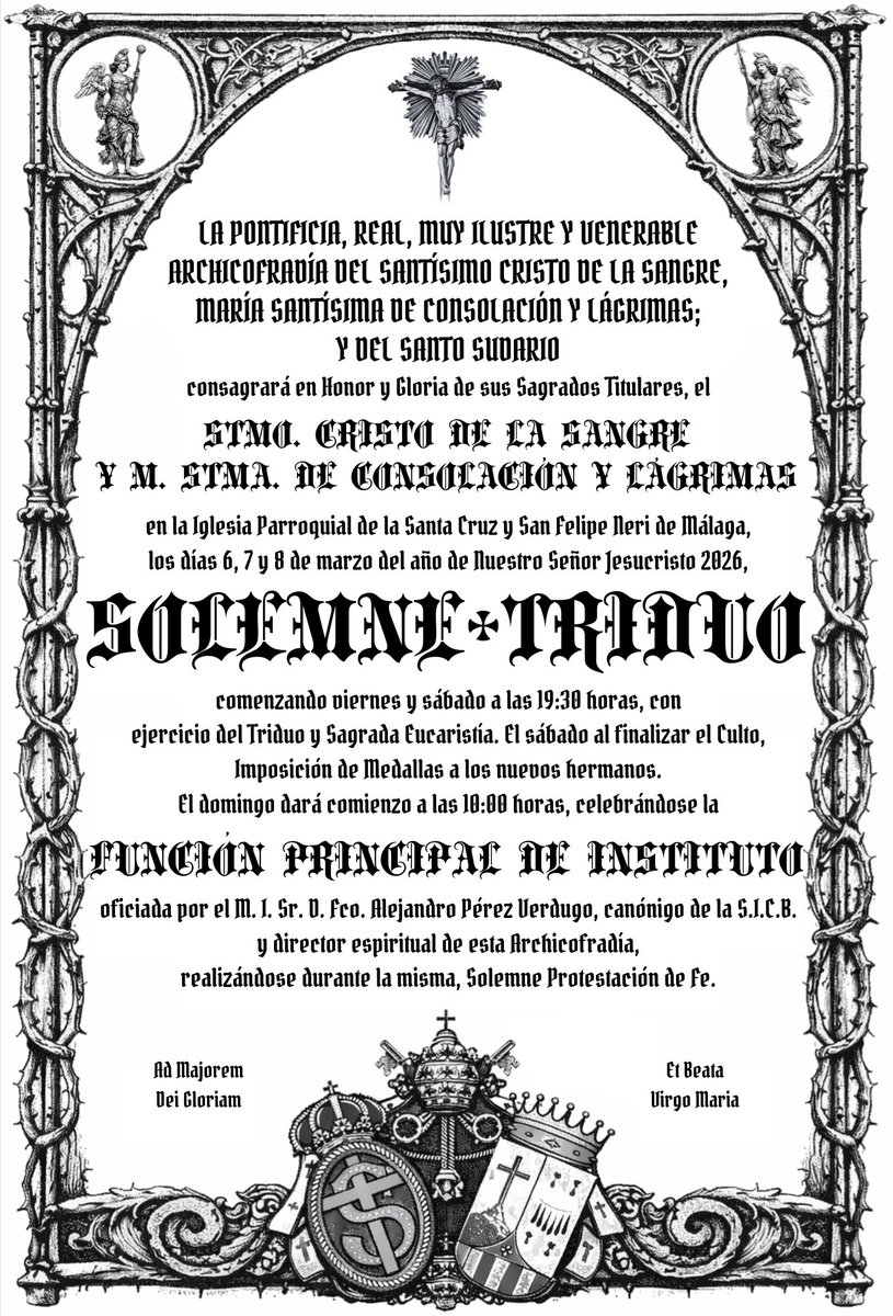 ArchiSangre's tweet photo. CULTOS 🕯 | La Archicofradía convoca Solemne Triduo en honor y gloria de nuestros Sagrados Titulares.

🏅 El sábado se bendecirán e impondrán las medallas a los nuevos hermanos que lo hayan solicitado.

🌐 Toda la información: https://t.co/3nueLEymzJ 

#CofradíasMLG #ArchiSangre https://t.co/Z2nnUzmg39