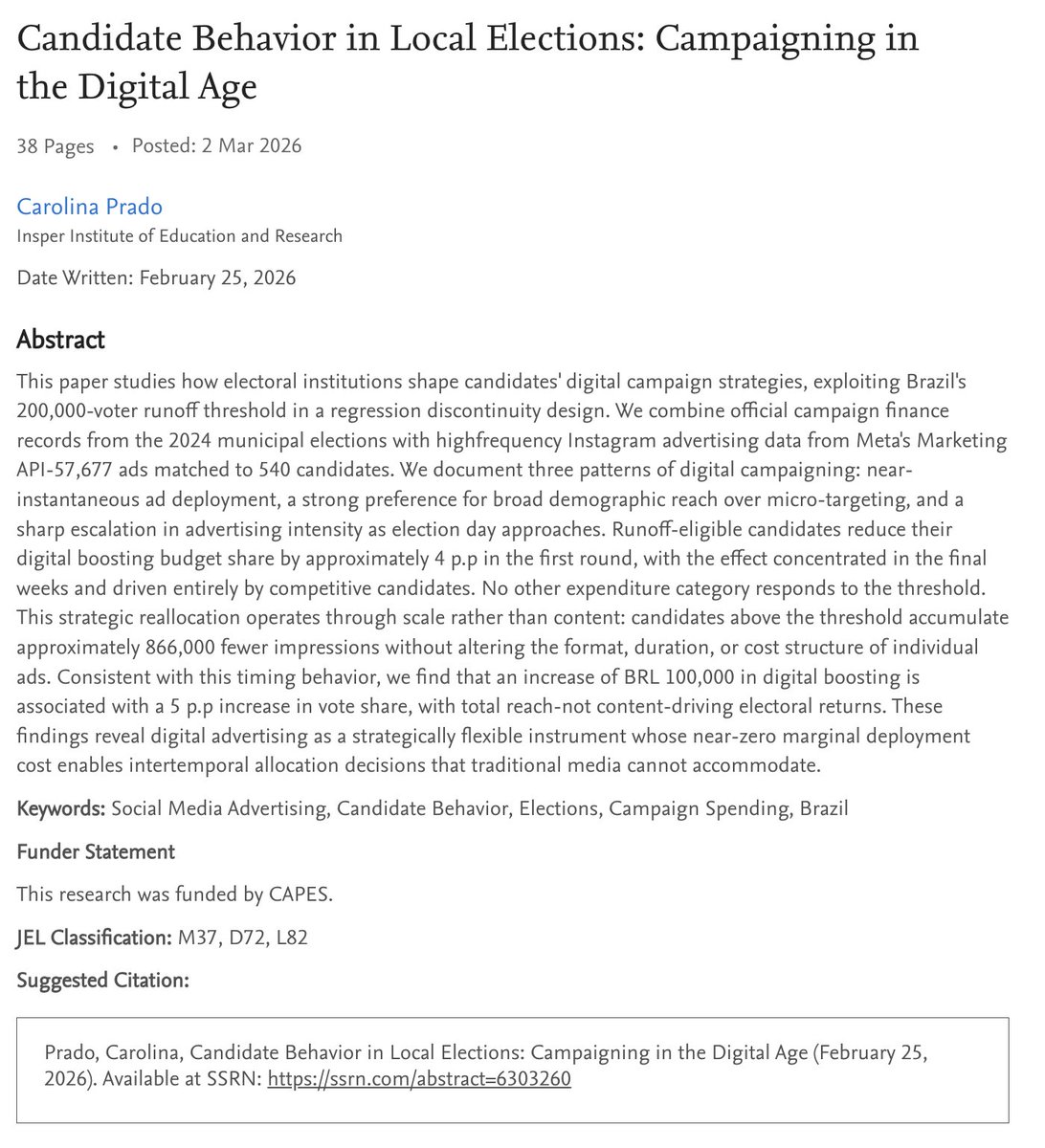 carolrodri's tweet photo. 57,677 Instagram ads from Brazil's 2024 mayoral races reveal how a single electoral rule reshapes campaign strategy.
Here's what we found 👇
#econtwitter #politicaleconomy https://t.co/I44u6Sbsqa