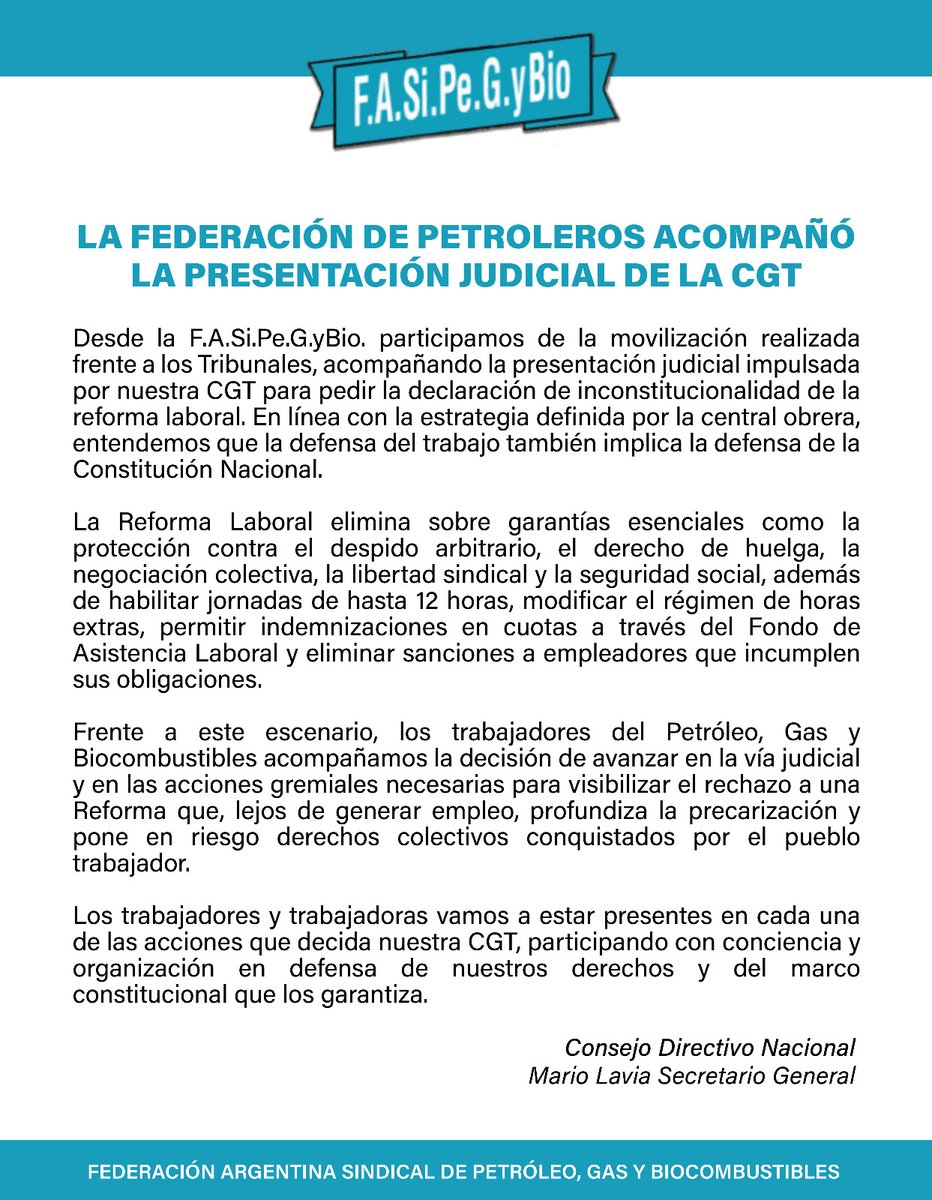 PetroGasBio's tweet photo. ACOMPAÑAMOS LA PRESENTACIÓN JUDICIAL DE LA CGT CONTRA LA REFORMA LABORAL

Participamos de la movilización realizada frente a los Tribunales, acompañando la presentación judicial impulsada por @cgtoficialok para pedir la declaración de inconstitucionalidad de la reforma laboral. https://t.co/APQw2dhPcD