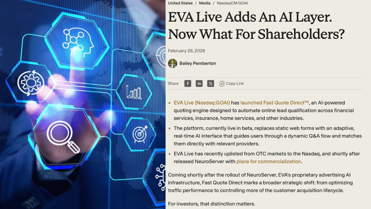 EvaLiveInc1's tweet photo. Is AI replacing marketing professionals? Not quite — according to https://t.co/HiTTMdPiwL, purpose-built AI like NeuroServer from EVA Live (Nasdaq: GOAI) is designed to amplify human strategy rather than substitute it.
Built from scratch with custom architecture and reinforcement learning, NeuroServer makes multi-objective campaign decisions in real time. Read more 👇
https://t.co/oMZrqZXmcs
#EVALive #GOAI #AIinMarketing #AdTech #NeuroServer #TechNews #AIInnovation #FutureOfWork #MarketingAI
