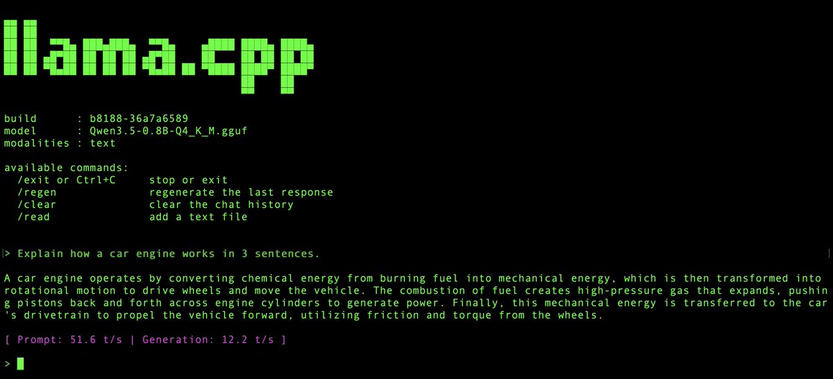 mandicdotcom's tweet photo. Qwen just released their 0.8B model.
So naturally, I had to try running it on my 7-year-old Samsung S10E.

After some tinkering with llama.cpp, Termux, and a few missing C libraries... behold! https://t.co/OeDzXoLc68