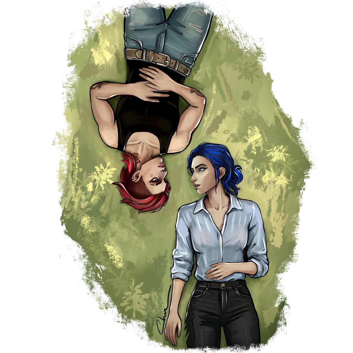 hexguardheart's tweet photo. With this piece, I wanted to mirror the bed scene, that first moment where they truly let themselves be vulnerable with each other.
In that scene, Vi lets her guard down in a way we’ve never seen before. She confides in Caitlyn about her love for her sister, her regrets, the weight she carries. She lets Cait in. And Caitlyn answers that vulnerability not with words, but with touch, with quiet affection, with presence, letting her know quietly how she feels about her.

So I imagined a parallel.

This time, they’re facing each other. No walls. No uniforms. No weapons. No city pressing down on them.

I placed them in a meadow, in nature, somewhere untouched by duty, politics, guilt, or violence. Just the two of them. No urgency. No tragedy looming. Just space. Just air. Just time.

Here, they’re not soldiers or enforcers or daughters of legacies. They’re just Vi and Caitlyn, lying beside each other with the future wide open in front of them reflected in each others eyes.