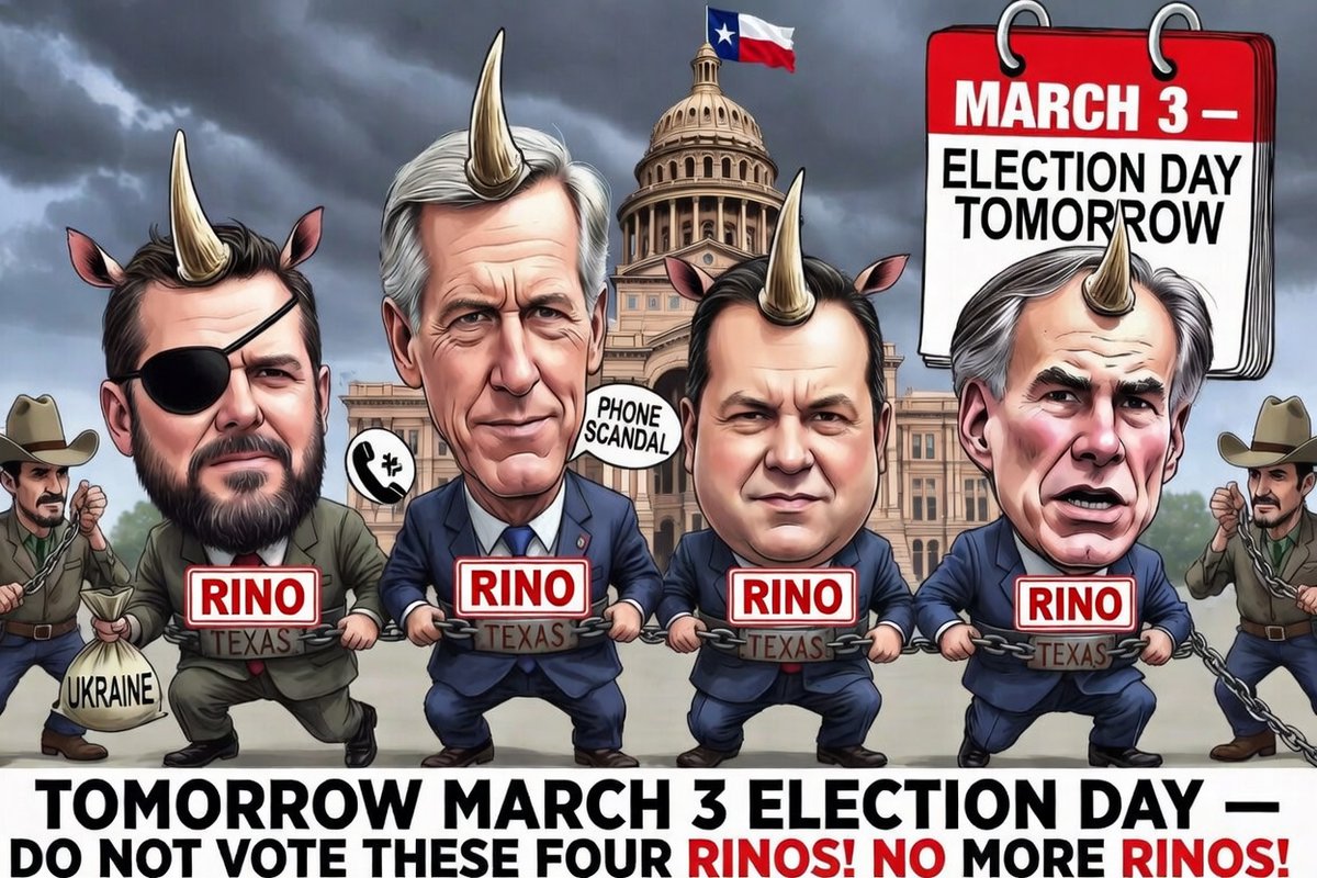 RINO_Removal's tweet photo. 🚨 TEXAS PATRIOTS 🚨
TOMORROW IS ELECTION DAY!!

Polls open 7 a.m. 

This is your last shot to purge the RINOs who wear the Republican label but always sell out America First.
Do NOT vote for these four establishment sellouts:

• Dan Crenshaw: Shipped billions to Ukraine while cartels invade our border.   Publicly called patriots “grifters” and “liars” for questioning 2020. Trump skipped endorsing him!

• John Cornyn:  Led the gun grab bill after Uvalde, pushed massive Ukraine blank checks, certified Biden. Even Trump has refused to endorse him this cycle.

• Tony Gonzales:  Voted for gun control and the Respect for Marriage Act, got officially censured by the Texas GOP, now drowning in fresh text message scandals.

• Greg Abbott: 11 years in office, spent $11+ billion on the border with record crossings still happening under his watch!  Locked down businesses during COVID, now begging for a fourth term with his $106 million funding machine while Texans pay some of the highest property taxes in America!

We are done with these long time insiders who talk tough on Fox but protect the swamp every time it counts.

SAY NO TO RINOS TOMORROW! 
Do NOT vote for Crenshaw, Cornyn, Gonzales, or Abbott tomorrow. 

Send them all packing!

#PrimaryTheRINOs #NoMoreRINOs #TexasPrimary2026

@CoffeeNGrit