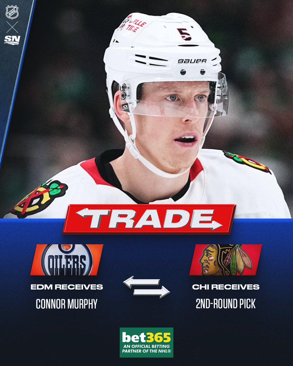 Sportsnet's tweet image. The Oilers are acquiring Connor Murphy from the Blackhawks in exchange for a second-round pick, per @SportsnetSpec 🔄

Chicago will retain 50% of Murphy’s $4.4M cap hit.

#NHLTradeDeadline | @bet365ca