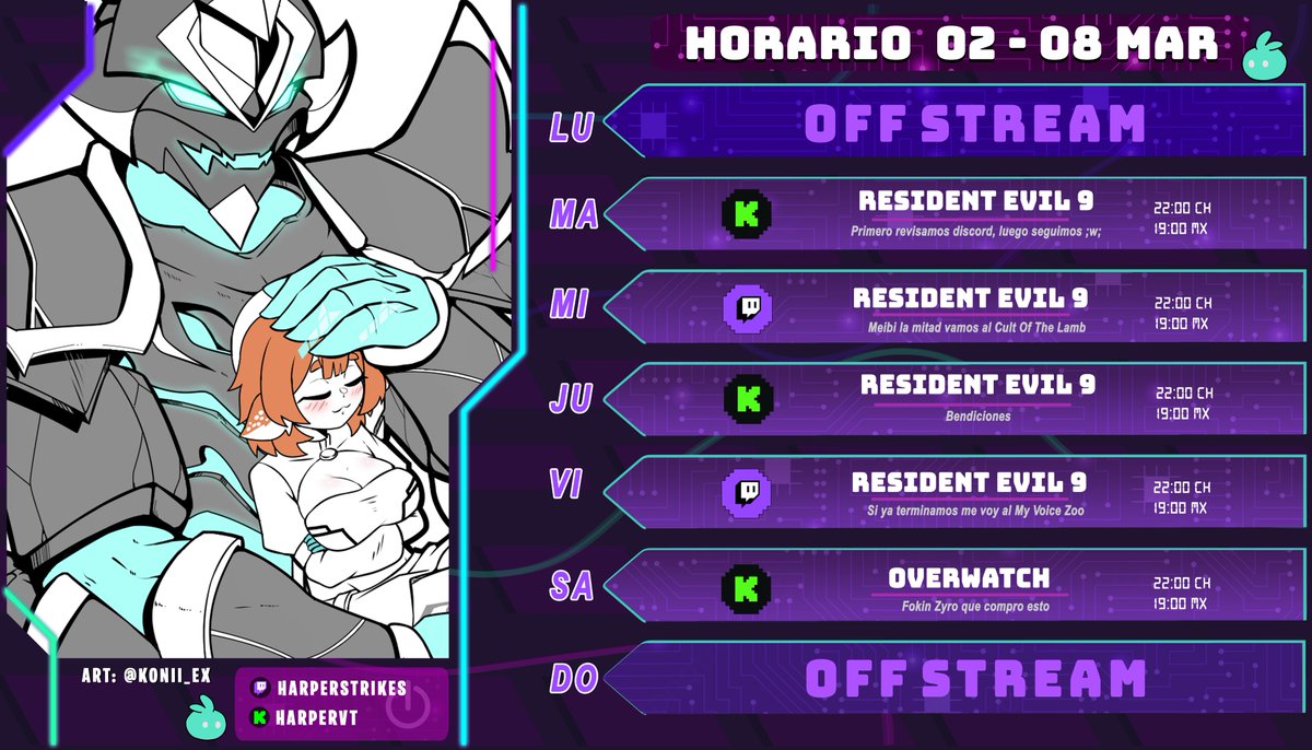 HarperStrikes's tweet photo. 🩷HORARIO SEMANAL🩷
・❥・02 De Marzo - 08 De Marzo
╰┈➤ 22:00 PM 🇨🇱 | 19:00 PM 🇲🇽 | 20:00 PM 🇵🇪
¡Recuerden que esta sujeto a cambios!
🎨: #PishuliArt | 🤡: #HapaClown | 🔞: #HarpLewd https://t.co/Pasr5Oe0cs