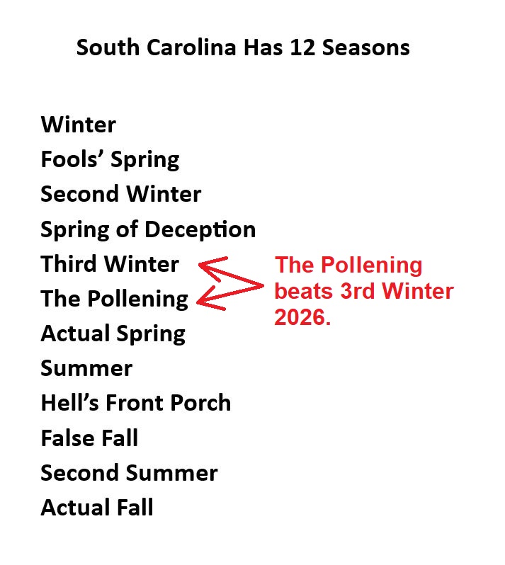 SheaGibsonWx's tweet photo. Well, well. Looks like a nice long stretch of spring weather is here to stay as an early Bermuda High pressure locks into place starting Wed/Thurs. So...I'm sure that the pollen will be about ready to explode all over us soon. We could go right into The Pollening with a later "cold snap" as a brief 3rd Winter before Actual Spring eventually wins out. I mean seriously -  here I am haggling over 12 secondary intercardinal seasons vs a standard simple 4 like some sort of twisted compass. Dang I need a taco and it ain't Tuesday.