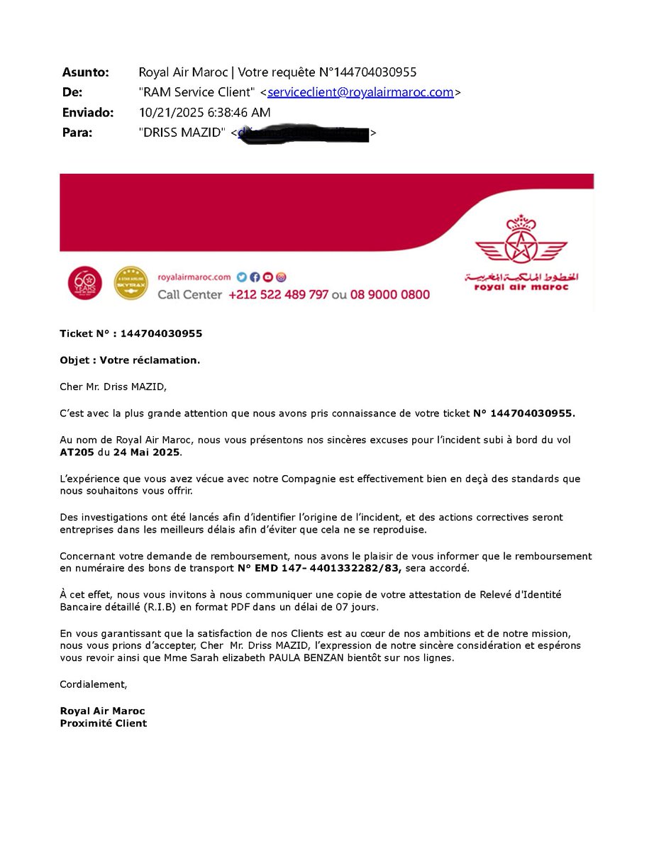 dmazid's tweet photo. Bonjour @royalairmaroc. Après une attente de plus de 5 mois en attente du remboursement, je me trouve dans l'obligation de faire cette réclamation publique. 
Je vous ai envoyé un message avec mon attestation bancaire dans le délai des 7 jours, mais à ce jour aucune réponse. Je vous ai même envoyé un autre email au début du mois de janvier envain.
