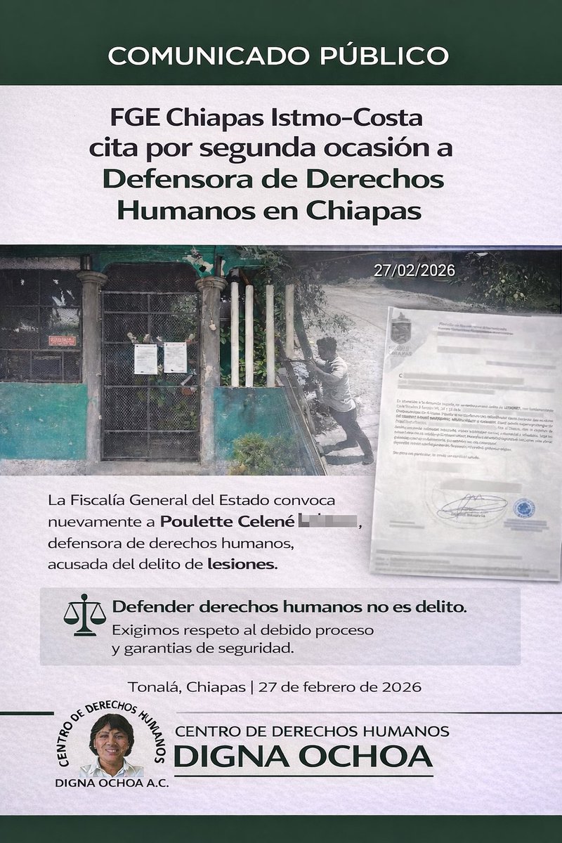 Nataniel_Hdez's tweet photo. La @FGEChiapas Istmo Costa integra denuncia en contra de Poulette Celene, defensora de DH en Chiapas. Después de haber denunciado hechos de violencia y amenazas de muerte en su contra. https://t.co/NH0bLQXN30