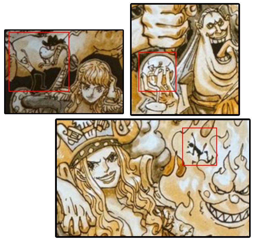 #ONEPIECE
Mystery solved I guess.. three Pandaman. 
But now we got a new mystery🙃

Big Mom - Pandaman in Promotheus
-> Soul power? Mother flame? Looks like Nika

Gloriosa - Pandaman afraid of reptile / snake
-> Reminds me of Sungod vs. reptile

Ochoku - Pandaman in Alcohol
->