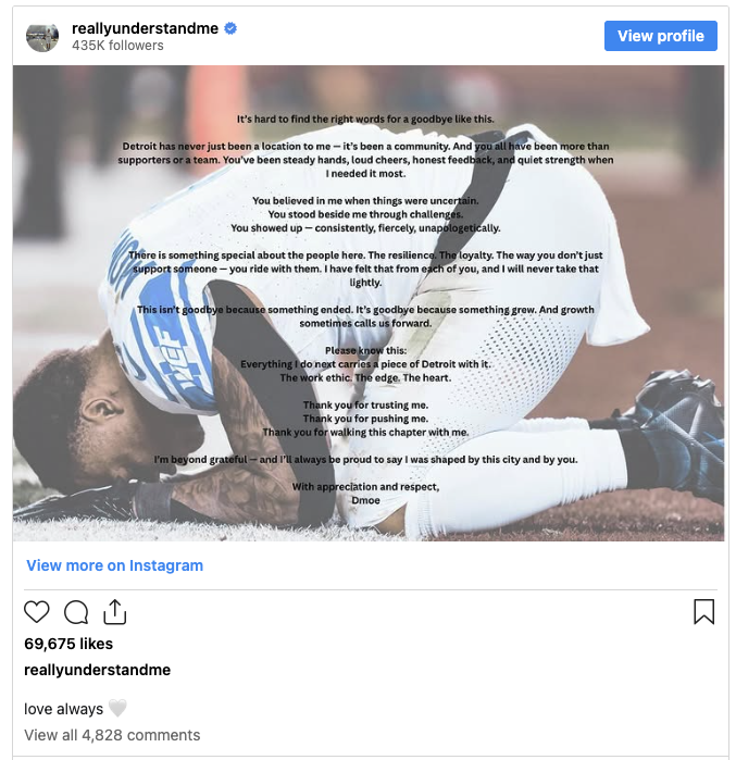BradGalli's tweet photo. David Montgomery wrote a long goodbye message to Lions fans.

"It's hard to find the right words for a goodbye like this," he wrote on Instagram.

"Detroit has never just been a location to me – it's been a community. And you all have been more than supporters or a team. You've been steady hands, loud cheers, honest feedback, and quiet strength when I needed it most."