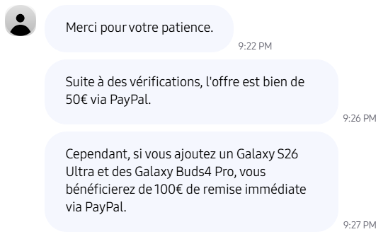 EtyS3006's tweet photo. 👋 @SamsungFR 
Client Platinum, j'ai craqué pour le S26 Ultra
Surprise! Vous passez incognito la remise PayPal de 50€ à 100€
Les fans sont moins bien servis
Le SAV m'indique qu'il faudra refuser le colis et recommander. Niveau bilan carbone c'est pas ouf XD
#SamsungS26ultra https://t.co/awo9lS9ol6