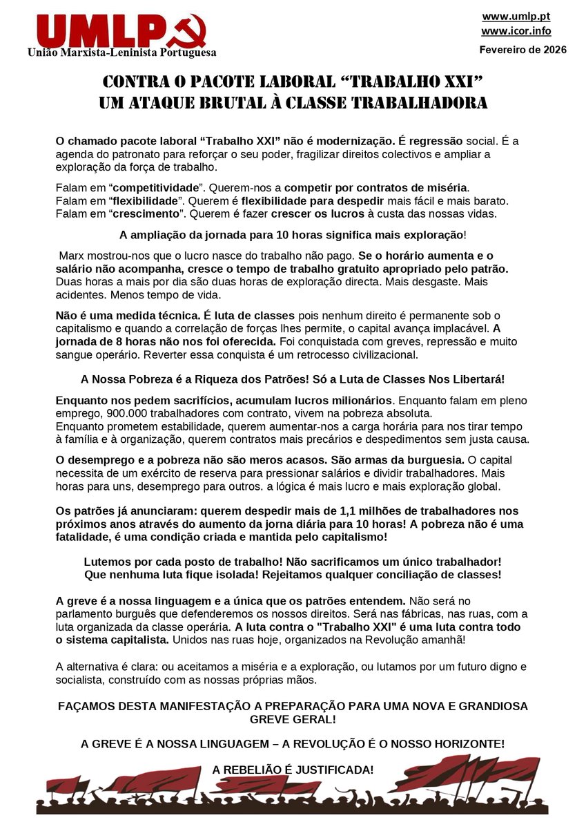 CONTRA O PACOTE LABORAL “TRABALHO XXI” - UM ATAQUE BRUTAL À CLASSE TRABALHADORA

Que nenhuma luta fique isolada! Rejeitamos qualquer conciliação de classes!

A greve é a nossa linguagem e a única que os patrões entendem!

A REBELIÃO É JUSTIFICADA!

t.ly/J7DtQ