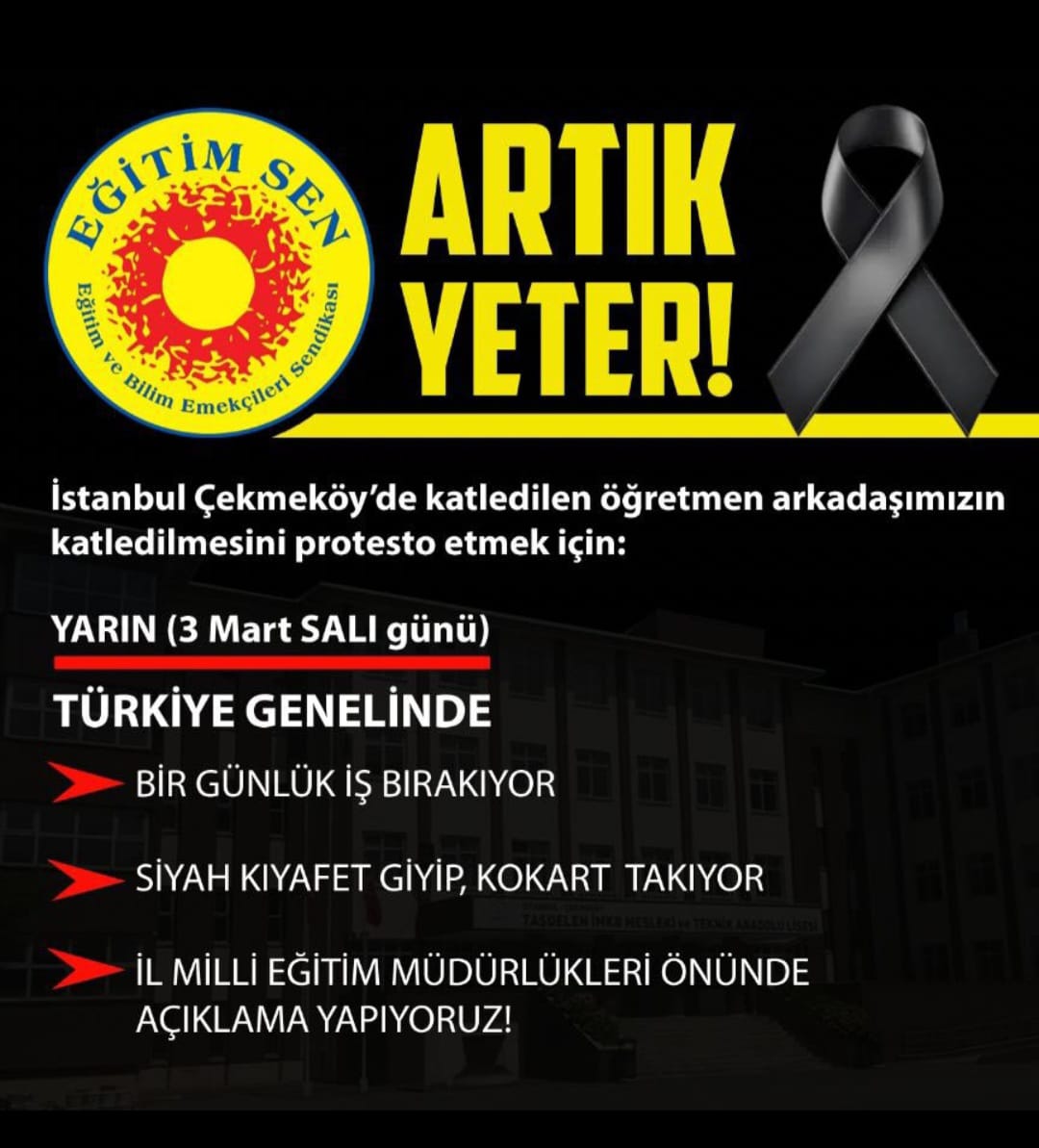 Öğretmenler grevde! 
Eğitim Bir Sen, Eğitim Sen, Eğitim İş belki de ilk kez ortak karar aldı. Fatma Nur Çelik öğretmen için yarın tüm ülkede bir gün boyunca ders yok! Derse girmeyerek şiddete karşı öğretmenini ve öğrencisini koruyamayanlara karşı en büyük dersi verecekler.