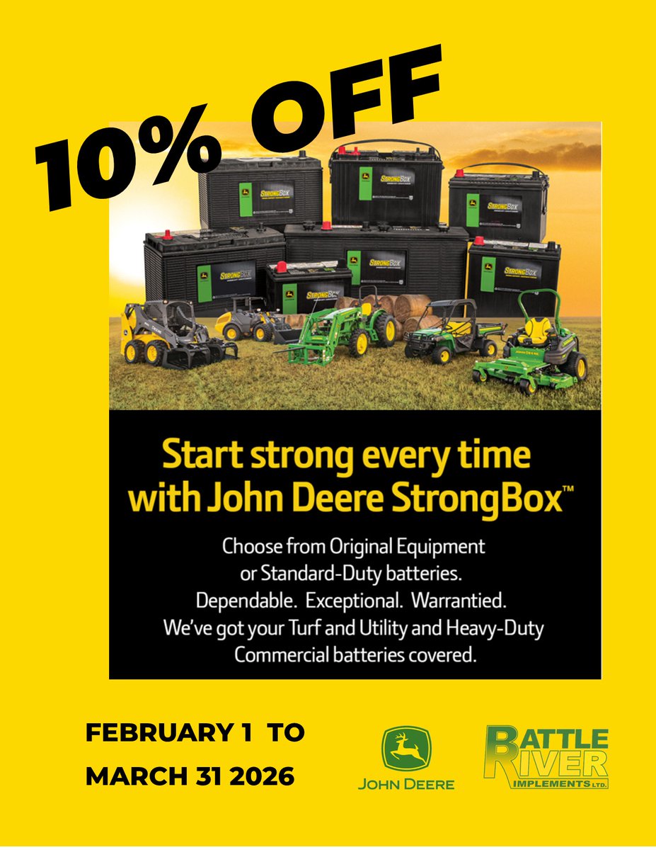 Stop by our #PartsDepartment to shop our selection of #JohnDeere #STRONGBOX batteries.
<a href="/BRILTD/">Battle River Implements</a> #Camrose #Killam #Wainwright #Provost