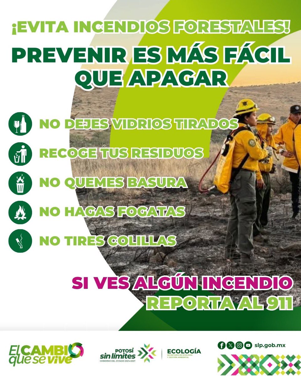 SEGAM_SLP's tweet photo. 🔥🚫Ante la temporada de incendios forestales, la prevención es nuestra mejor herramienta para proteger el medio ambiente, sigue las recomendaciones y cuidemos nuestros bosques. 
 
#RicardoGallardo #PotosíSinLímites  #PrevenciónIncendios #ElCambioQueSeVive 
#SEGAMSLP https://t.co/eU9vOew8OF