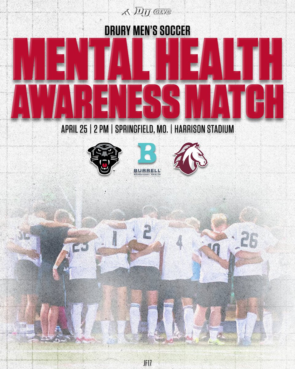 DUMensSoccer's tweet photo. ⚽️ Mental Health Awareness Match ⚽️

Join us on April 25 for the Burrell Mental Health Awareness Match, held in memory of Joe Fehr, as we take on Evangel.

#OneDrury #JF17 https://t.co/tmc6JsAd28