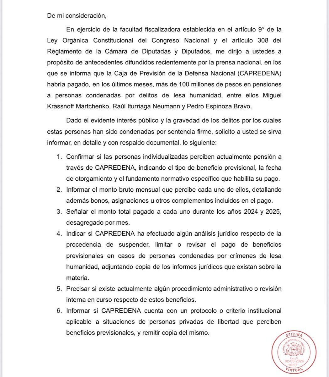 AnaMariaGazmuri's tweet photo. ¡Basta de pensiones millonarias a torturadores! Oficié a Capredena por los pagos superiores a $100 millones realizados entre enero de 2025 y enero de 2026 a Krassnoff, Iturriaga, Espinoza y Corbalán. ¿Por qué fondos de la ciudadanía financian a criminales convictos? Exigimos transparencia y fin a este abuso. Las víctimas merecen justicia, no impunidad.