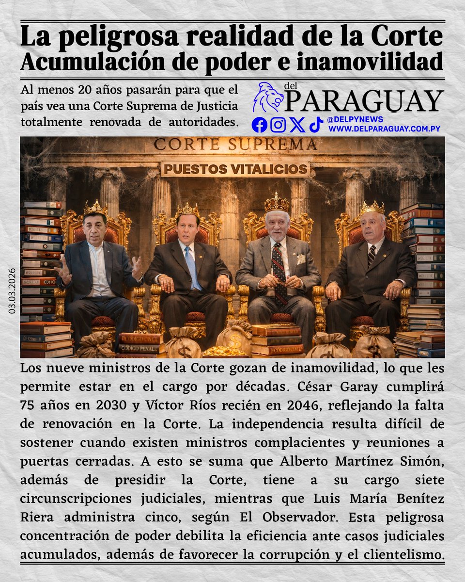 ▶️TAPA 03/03/2026 | 📰​​​​

⚜ La peligrosa realidad de la Corte. Acumulación de poder e inamobilidad.

⚜ Al menos 20 años pasarán para que el país vea una Corte Suprema de Justicia totalmente renovada de autoridades.