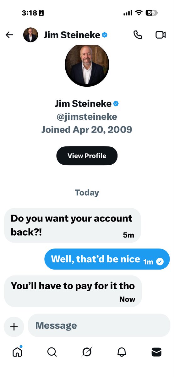 ExRepSteineke's tweet photo. Hey @elonmusk, my real account (@jimsteineke) is being held hostage by hackers. I am verified on that account, but your customer service is doing nothing to get my account back. Hackers got in &amp; turned on two factor authentication so I can’t get in. Help? https://t.co/TnB7k2kfIl