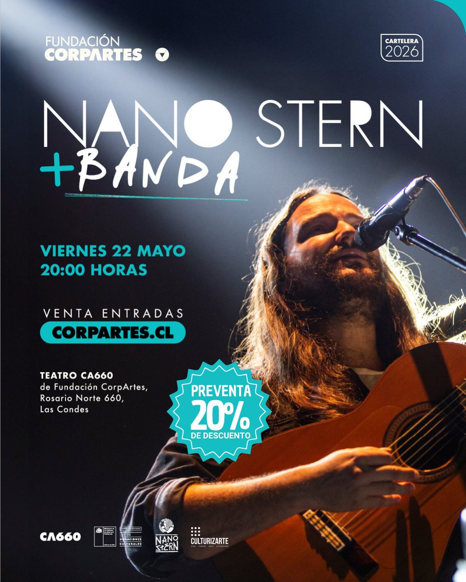CorpArtes's tweet photo. ÚLTIMAS ENTRADAS EN PREVENTA🔥
@nanostern llega por primera vez al Teatro CA660 de Fundación CorpArtes. “Es muy fácil entender la razón de su fulgurante carrera cuando uno lo ve en vivo" (@drexlerjorge)

🎟️Últimos tickets con descuento: https://t.co/ubgGxQpuoq

#Chile #Santiago https://t.co/9kUGQNVBQy