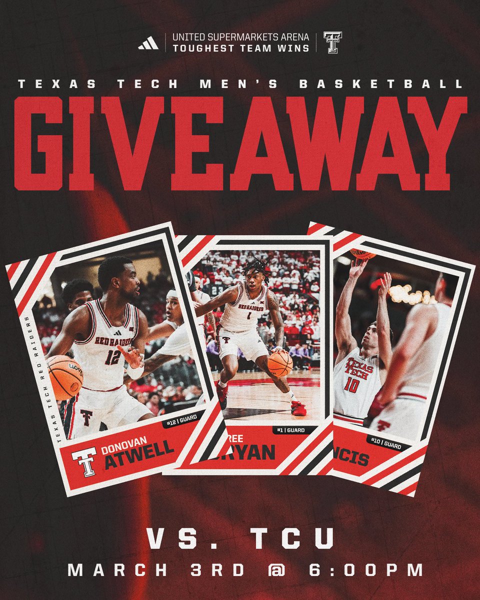 TexasTechMBB's tweet photo. Plus, it's Senior Night! The first 3,000 fans score limited edition senior player cards. https://t.co/DMWNhP7n8J