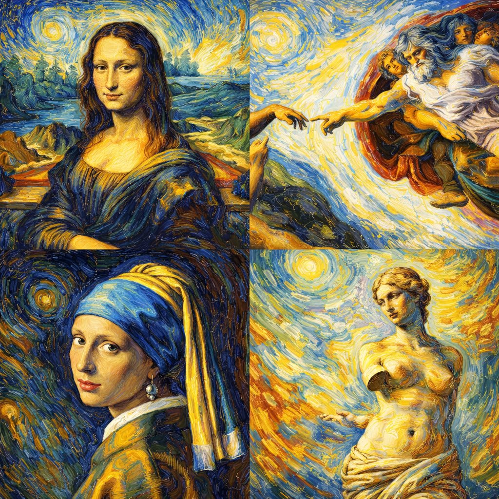XaviXAIart's tweet photo. Classics in van Gogh style, show me your famous work in a style from another (classic) artist https://t.co/vR4gJEhri6