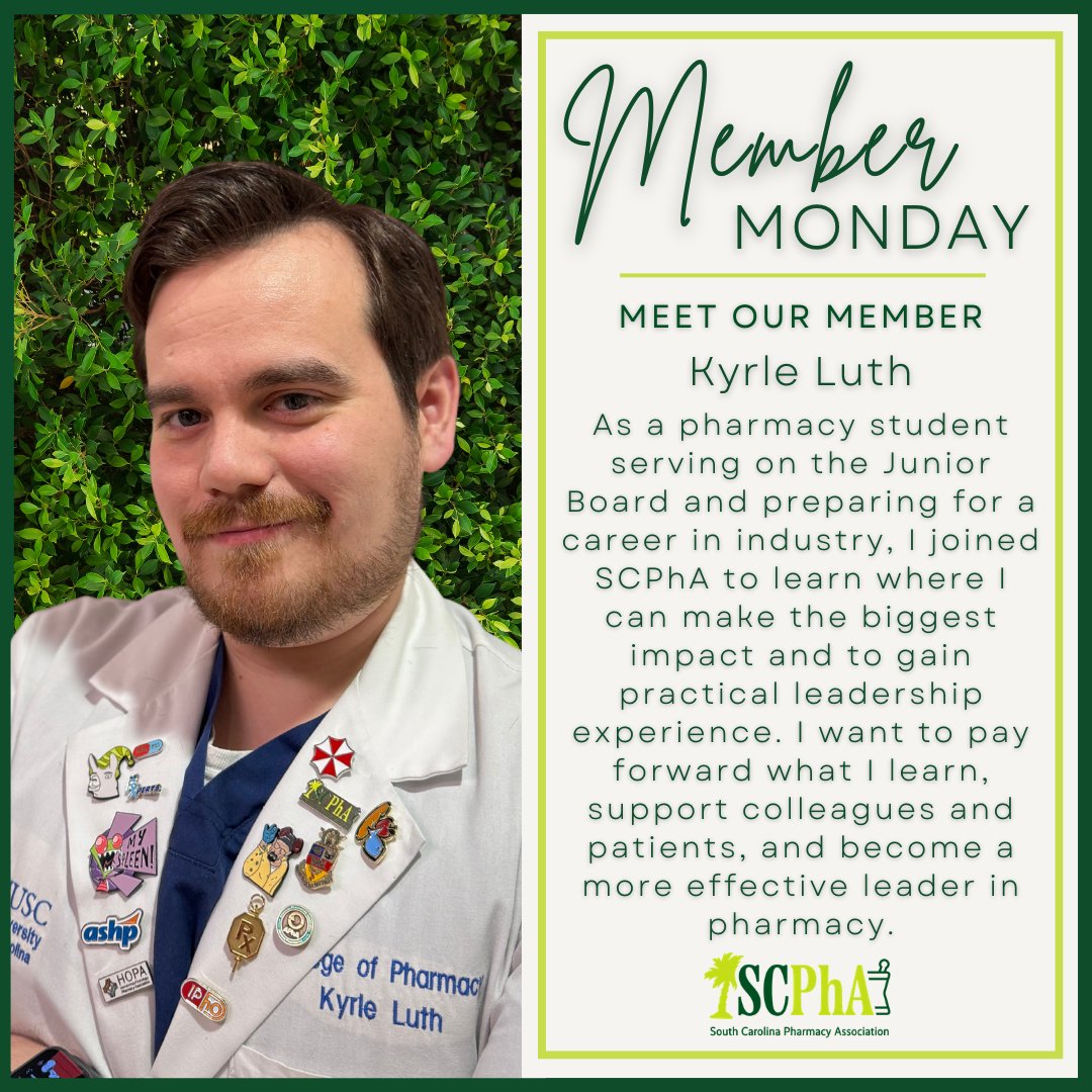yourSCPhA's tweet image. Mondays are for members! Today's #MemberMonday features Kyrle Luth, Student &amp;amp; Junior Board member! Thank you, Kyrle, for your support to SCPhA and the pharmacy profession!
.
.
.
#WeAreSCPharmacy #OneVoice #SCPhA #MemberAppreciation #StrongerTogether