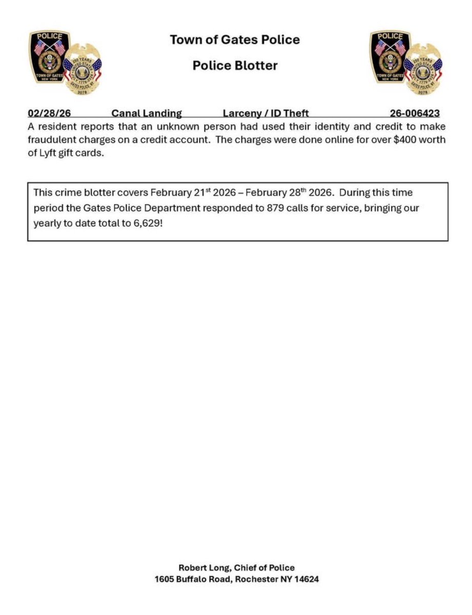 ROCHNYCRIMEINFO's tweet image. #roc #RochesterNY #gatesny 
@sfj8888 @acoffey3216 @GatesPolice 

Gates Police Crime Blotter February 21st - February 28th