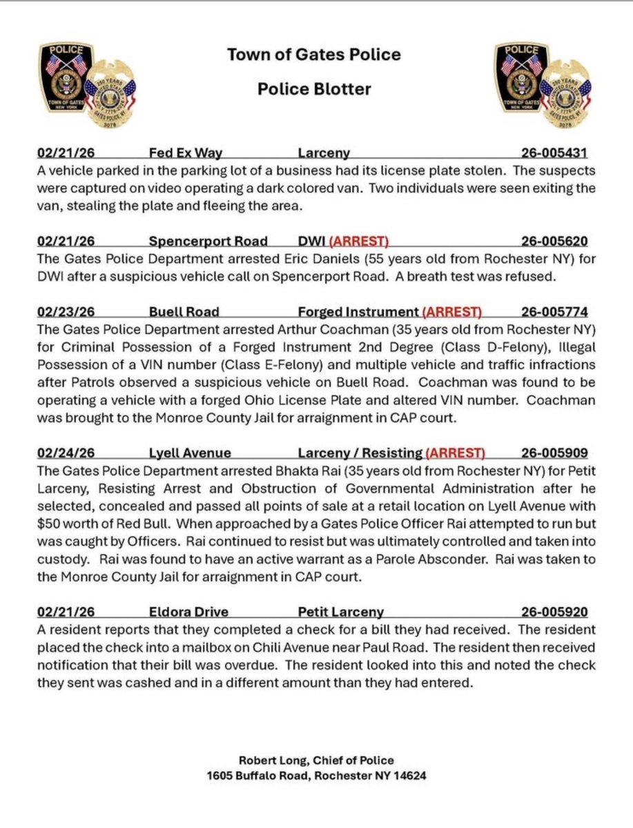 ROCHNYCRIMEINFO's tweet image. #roc #RochesterNY #gatesny 
@sfj8888 @acoffey3216 @GatesPolice 

Gates Police Crime Blotter February 21st - February 28th