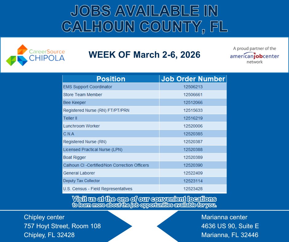 #Attention #jobseekers come in and learn about the jobs available in your area!

#BlountstownFL #calhouncountyfl #CSCWorks #opportunityknocks