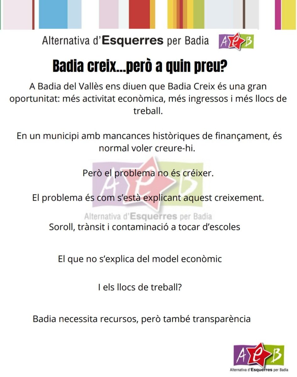 CasalEsquerra's tweet photo. Badia Creix...però a quin preu?
Saps tot el que implica aquest creixement?
#Badia #Badiadelvalles 1/4⬇️ https://t.co/r3LlwHi3uS