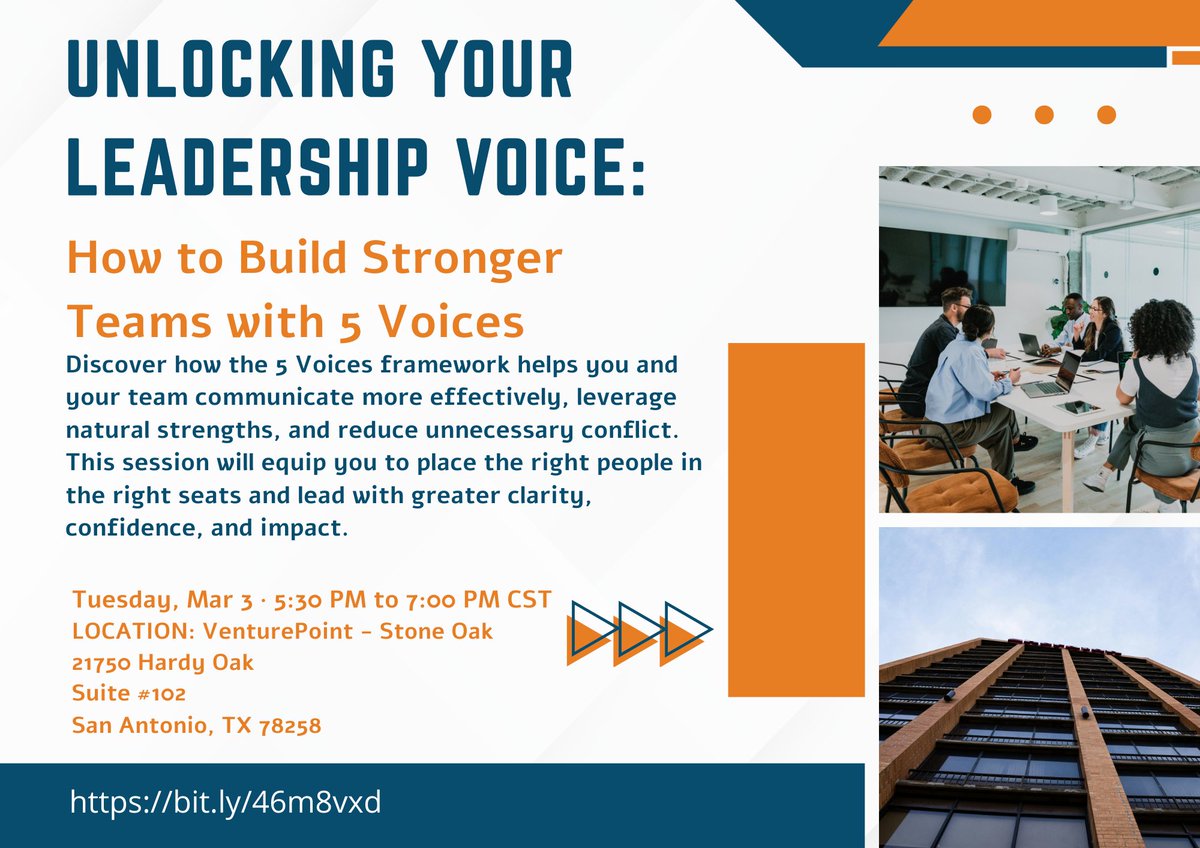VenturePointInc's tweet photo. Strong teams are built through clarity, not guesswork.

Tomorrow at VenturePoint Stone Oak
Unlocking Your Leadership Voice with 5 Voices
5:30 - 7:00 PM

Learn to communicate better, reduce conflict, &amp; place the right people in the right seats.

Register:
https://t.co/4ywz8y3vQj https://t.co/96pQ1D0eeB