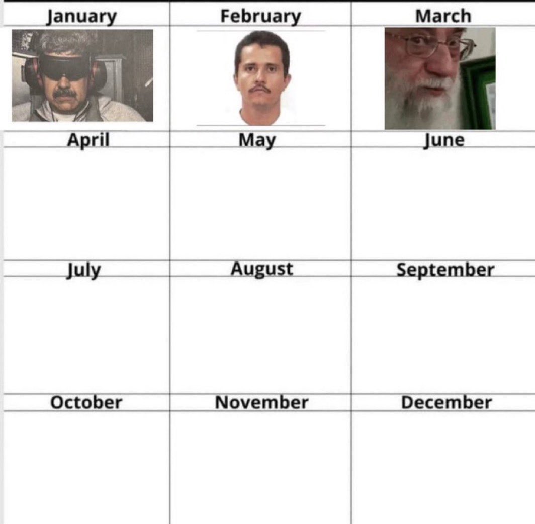 شكلها سنه مثيره 2026:

- شهر يناير سقط مادورو رئيس فنزويلا وانسجن 
- شهر فبراير سقط ومات قائد اكبر عصابة مخدرات مكسيكية ال مينشو 
- شهر مارس ومن اول يوم تم اغتيال المرشد الاعلى الايراني خامنئي
من الاسماء اللي تتوقعون سقوطهم بالشهور القادمة؟ 

#ايران #العراق #طهران #الكويت