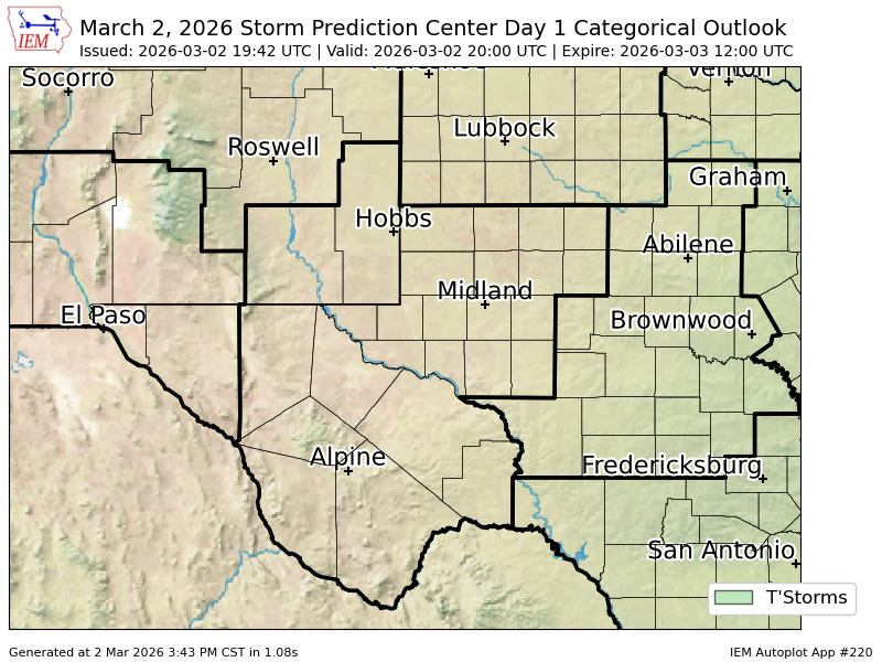 #SPC issues Day 4 15% Any Severe Fire Weather Risk at Mar 2, 21:41z for MAF spc.noaa.gov/products/exper…