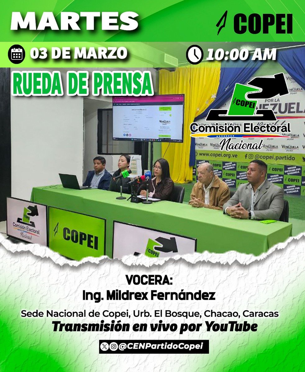 CENPartidoCOPEI's tweet photo. 📣 Este #Mar - 10:00 a.m.

🎙️ Rueda de Prensa CEN-Copei 

Vocera: Ing. Mildrex Fernández, miembro de la Comisión Electoral Nacional (CEN). 

EN VIVO por YouTube

¡Sintoniza y mantente informado! 

🟢 #CEN #COPEI 🗳️🇻🇪 https://t.co/5CNAZJ6PdS