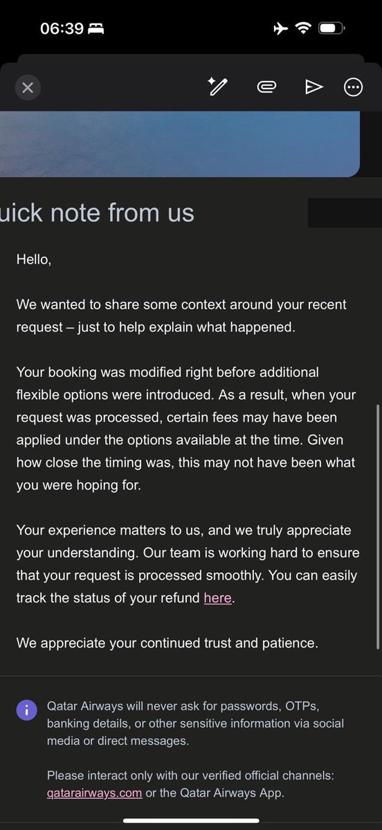 assess_impact's tweet photo. @qatarairways this is unfair. My flight could not take off due to closed airspace and you have not refunded it in full https://t.co/ULNiQqacpM