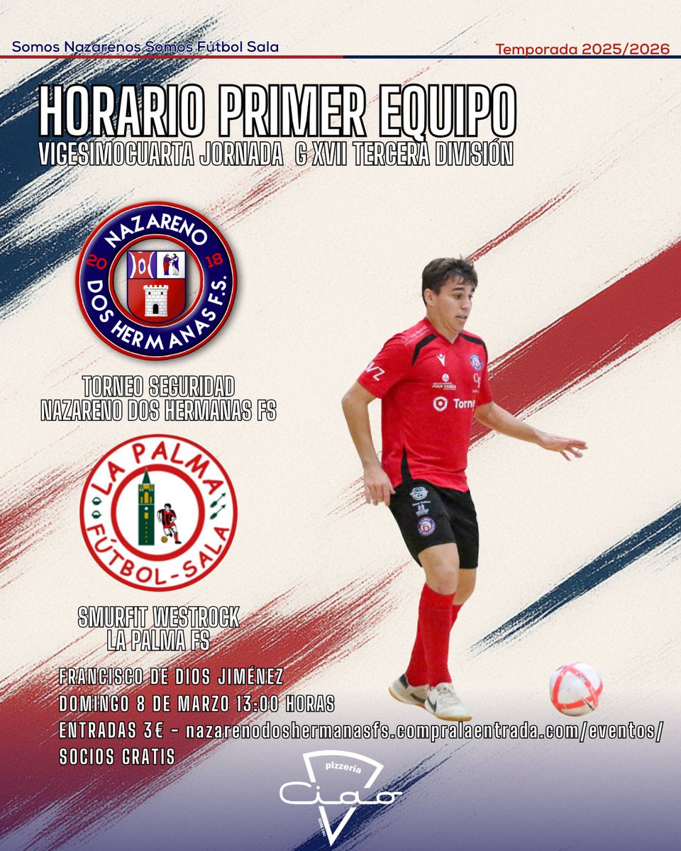 HORARIO PRIMER EQUIPO 🕥 | <a href="/PizzeriasCiao/">Pizzerias Ciao</a>  | A reponerse en la visita de Smurfit Westrock La Palma

❗️ 🏚️ ¡Nazarenos! Este próximo domingo será nuestra vuelta al Pabellón y necesitamos hacernos con los tres puntos 🙌 Os esperamos en el Francisco de Dios Jiménez para ayudarnos a