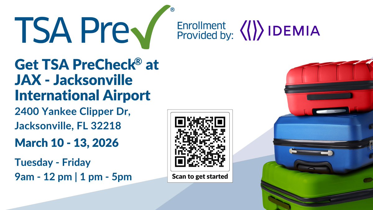 JAXairport's tweet photo. Ready to breeze through airport lines?✈️ Try TSA PreCheck! Apply and schedule an appointment online, or come and enroll in person. Parking is available at our hourly and daily garages🚗 #TSAPreCheck https://t.co/aSIjuGveCM