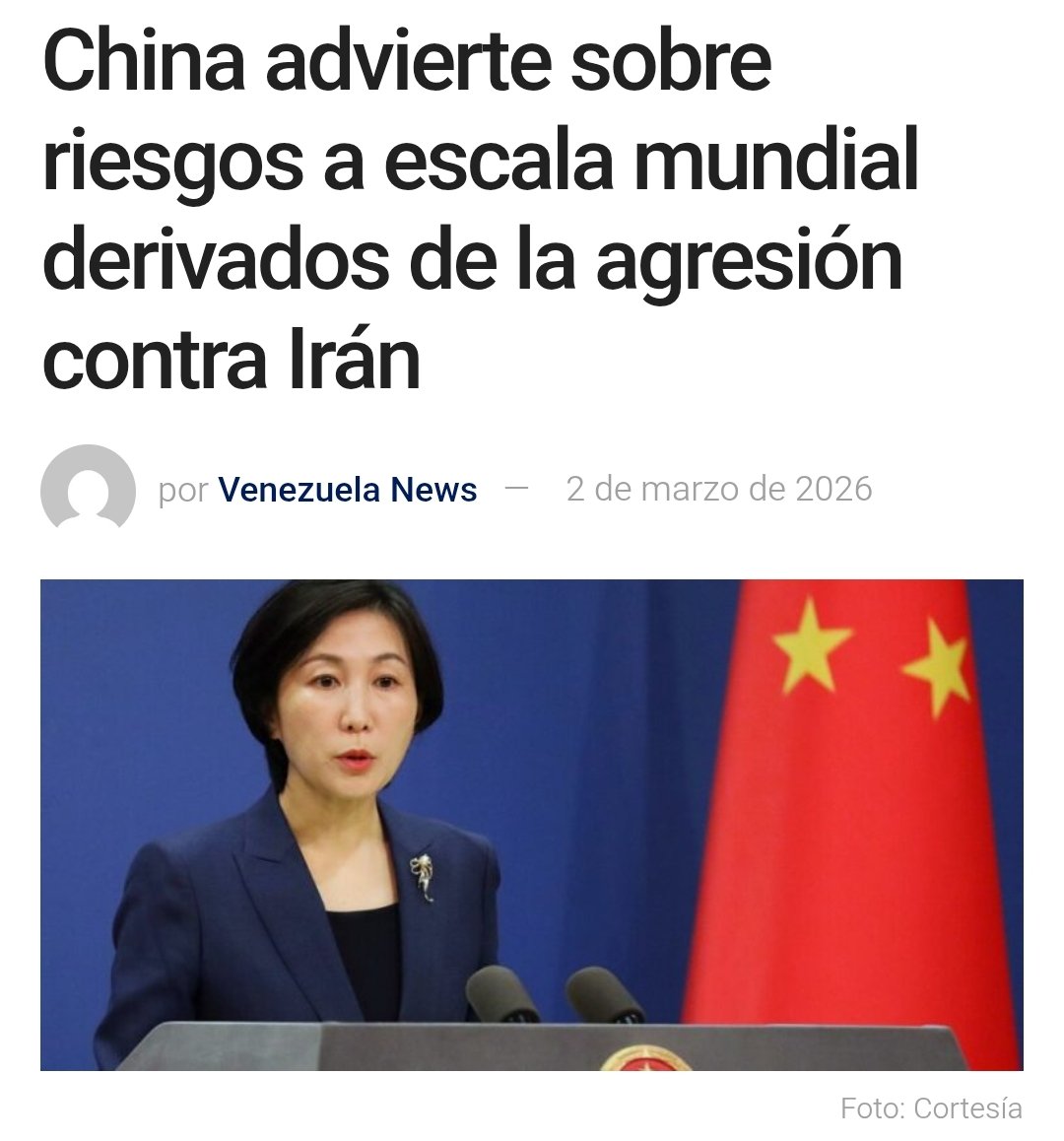 angel40924's tweet photo. La portavoz del Ministerio de Asuntos Exteriores chino, Mao Ning instó  a todas las partes a detener las operaciones militares y evitar que el conflicto entre Estados Unidos, Israel e Irán se extienda por Oriente Medio.

Sobre este tema la vocera señaló que los ataques de EEUU e Israel violan el derecho internacional, ya que no fueron autorizados por el Consejo de Seguridad de la ONU. Al mismo tiempo, indicó que se debe respetar plenamente la soberanía, seguridad e integridad territorial de todos los países del golfo Pérsico.

Es imperativo destacar que Israel y EEUU, lanzaron la madrugada del sábado un ataque conjunto contra Irán, proponiéndose «eliminar las amenazas» del Gobierno del país persa. Estos ataques cobraron la vida del líder supremo de Irán, el ayatolá Alí Jameneí, y de al menos otros cuatro altos cargos militares de la nación.
#Iran