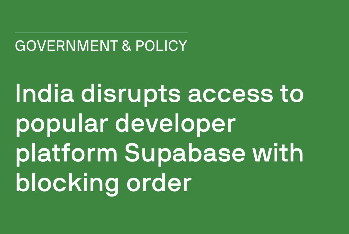 KunalLabs's tweet photo. What is the Indian government thinking here?

Why have they blocked Supabase!!?

@GoI_MeitY ?? https://t.co/euMSQlMPN8