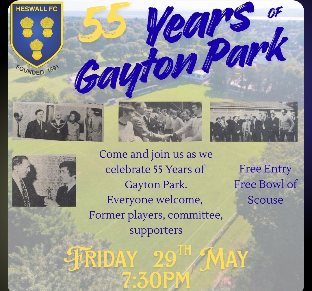 HeswallFC_'s tweet photo. On Friday 29th May, we celebrate 55 years of our Gayton Park Home. We invite all former players, Managers, Supporters and anyone who wants to come and have a few beers and reminisce about the magic of Gayton Park, the best place to play and watch football 💛💙💛 https://t.co/kTU4VpUNpT
