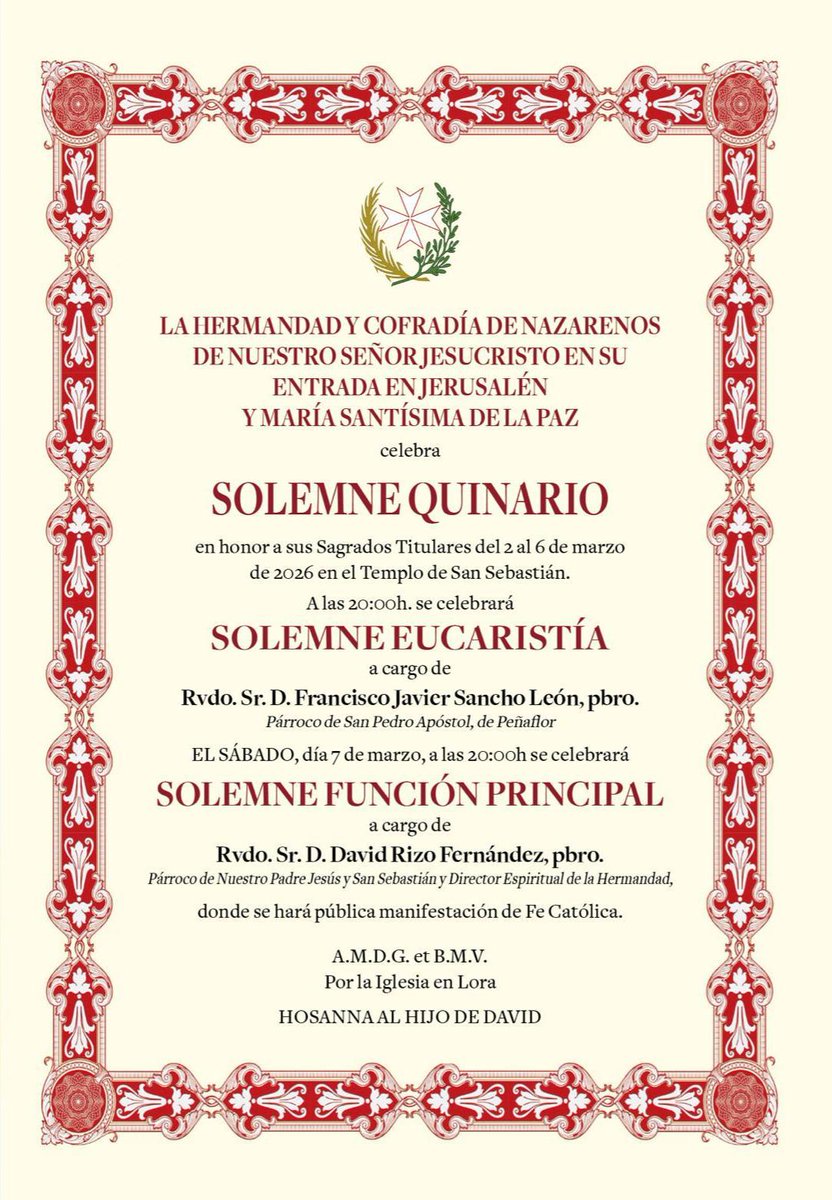 borriquita_lora's tweet photo. 📷CULTOS | Solemne Quinario

Hoy lunes, 2 de marzo, a las 20:00 h.,comienzanos el Solemne Quinario a nuestros Sagrados Titulares en el Templo de San Sebastián. https://t.co/HQqK1X0m5z