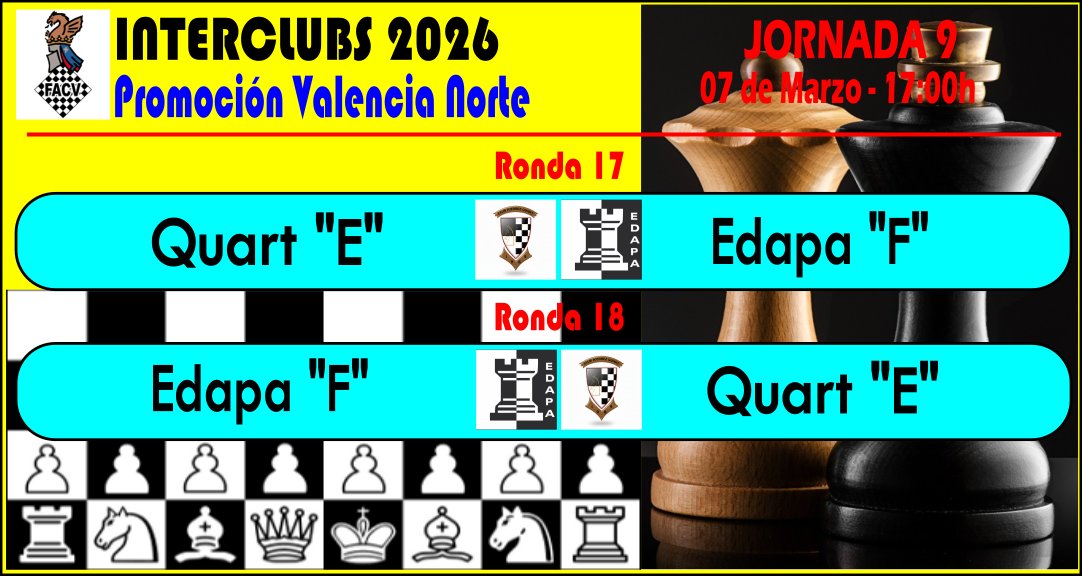 ajedrezquart's tweet photo. Jornada Interclubs 2026: 👇👇
Encuentro de nuestro equipo: QUART "E" para este sábado. 
Jornada 9 - (doble ronda)
🗓️: 07 de Marzo - ⏰: 17:00h.
📍 Centro Cultural El Casino. Plaza País Valenciano, 7 (Quart de Poblet)
- QUART "E"  vs  EDAPA "F"
- EDAPA "F"  vs  QUART "E" https://t.co/fQ9qTqes3v