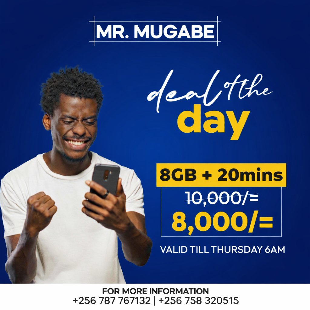 MrMugabeRodgers's tweet image. 🔥 DEAL OF THE DAY is HERE! 🔥

Get 8GB + 20 Minutes for ONLY 8,000/= (was 10,000/= 😮‍🔥)

More data. More calls. Less cash. 💙💛

⏳ VALID TILL THURSDAY 6AM – Don’t miss out!

📲 Grab yours now!
+256 787 767132 | +256 758 320515

#DealOfTheDay #DataOffer #SaveMore