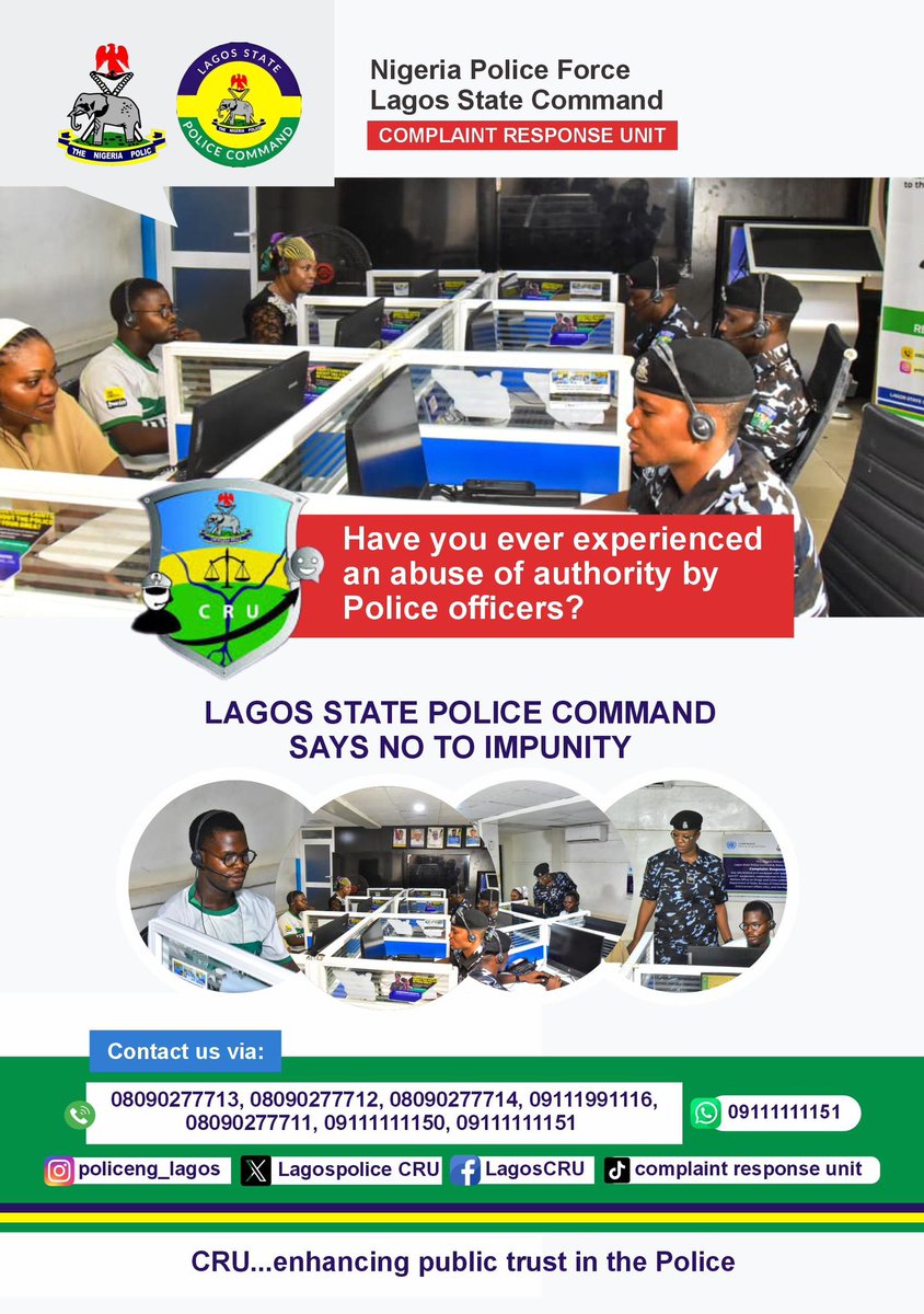 CruLagospolice's tweet photo. Report any case of Police Misconduct using the Chanels Provided below NPF-CRU Lagos #SayNoToImpunity https://t.co/EvXQHccGPi
